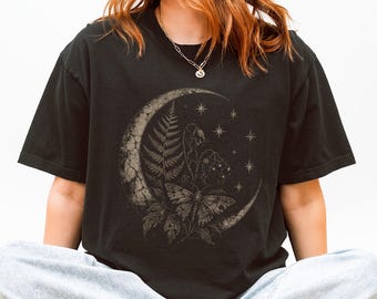 Celestial Moon Moth Shirt, Witchy Crescent Moon Fall Tee, Gothic Fern Botanical Dark Academia Tee, Comfort Colors Faux Embroidered Tee