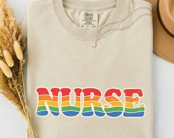 Vintage Nurse Shirt, Retro 70s Groovy Nurse Tee, Rainbow Stripe Nurse Week Gift, Comfort Colors Millennial RN Appreciation Tee