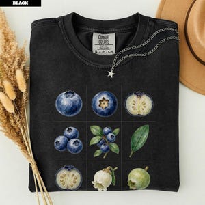 May include: A black crew neck t-shirt featuring a grid graphic of blueberries in various stages of growth, including whole berries, a cross-section, a leafy stem, a white flower, and a green berry. The shirt has a Comfort Colors brand label.