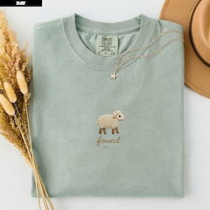 Lost Sheep Shirt Women, Minimalist Found Lamb Luke 15 Christian Tee, Faux Embroidered Keepsake, Dainty Baptism Gift, Comfort Colors