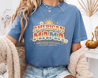 American Mama Shirt, Retro Groovy 70s Mama Tee, Celebrating 250 Years 1776-2026, Semiquincentennial Mama and Mini, 4th of July Mom