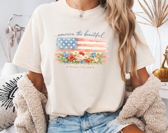 America the Beautiful Shirt, Watercolor Flag Comfort Colors Tee, USA 250th Anniversary 1776-2026, Semiquincentennial Floral, July 4th Womens
