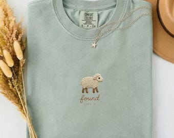 Lost Sheep Shirt Women, Minimalist Found Lamb Luke 15 Christian Tee, Faux Embroidered Keepsake, Dainty Baptism Gift, Comfort Colors