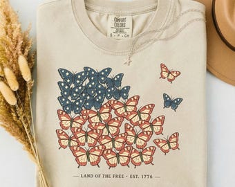 Butterfly American Flag Shirt, Boho Subtle Tee, Est 1776 Patriotic, USA 250th Anniversary Mystical, Semiquincentennial Free People