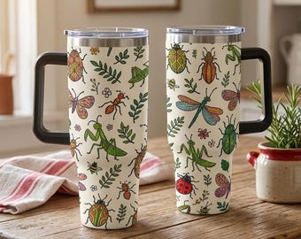 Cottagecore Insect 40oz Tumbler, Butterfly Dragonfly Beetle Ladybug Bug Insulated Stainless Steel Mug with Handle, Nature Lover Travel Gift