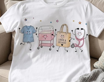 Labor & Delivery Nurse Shirt, Cute Smiling LD Characters Tee, Comfort Colors Labor and Delivery Nurse Gift, Maternity Unit Graphic T-Shirt