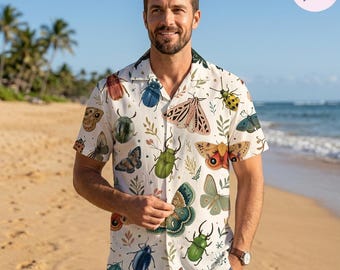 chemise hawaïenne vintage à imprimé insectes, entomologie boutonnée pour homme, tenue d'été avec insectes cottagecore, cadeau pour professeur de sciences