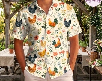 Chemise hawaïenne poulet, chemise boutonnée à fleurs coq, chemise d'été animaux de la ferme, cadeau pour amateur de poulet cottage, short de plage garden-party