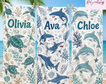 Personalized Shark Turtle Dolphin Towel, Watercolor Sea Turtle Gift, Bridesmaid Gift, Custom Summer Gift, Girls Trip 2026 Towel