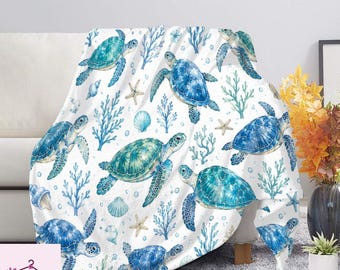 Couverture polaire aquarelle tortue de mer, couverture en sherpa de l'océan, jeté tortues mignonnes, décoration de maison de plage, couverture côtière de chambre d'enfant