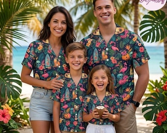Chemise hawaïenne Summerween pour homme, chemise citrouille flamant rose, crâne tropical fantasmagorique, tenue de vacances à la plage, haut de fête d'halloween, épicerie fine 10-15 jours