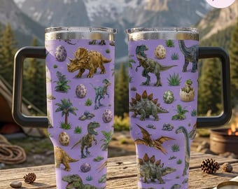 Vaso de 1,2 litros con asa y diseño de dinosaurio adorable, taza de dinosaurio morada, taza de acero inoxidable con diseño de T-Rex, estegosaurio y braquiosaurio, regalo para amantes de los dinosaurios jurásicos.