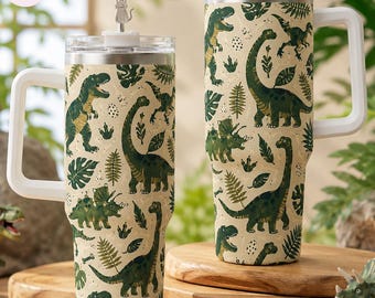 Gobelet à motif dinosaure avec anse, tasse de voyage Jurassic T-Rex, jolie tasse pour amoureux des dinosaures, gourde isotherme pour garçon, cadeau paléontologie