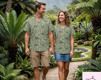 chemise hawaïenne vintage dinosaure, Dino Fossil Cottagecore boutonné, chemise Aloha préhistorique rustique, vêtements de vacances inspirés de la nature