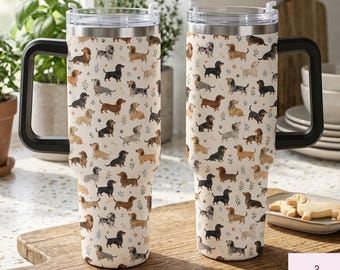 Dachshund 40oz Tumbler with Handle, Cute Wiener Dog Travel Mug, Doxie Insulated Cup, Dog Mom Gift