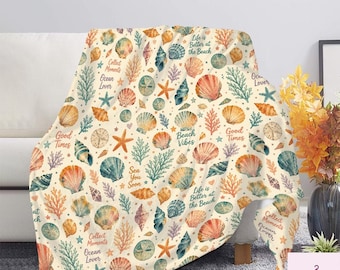 Beach Throw Blanket, Seashell Coral Coastal Fleece Blanket, Life Is Better at the Beach, Ocean Lover Gift