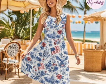 Patriotic Toile Print Dress for Women, 4th of July Sleeveless Sundress, Vintage America Floral Dress, USA Flag Summer Outfit Gift