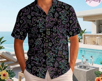 Chemise hawaïenne néon dragon, tenue d'été gothique tête de mort, gothique pastel boutonné, haut hawaïen noir décontracté unisexe