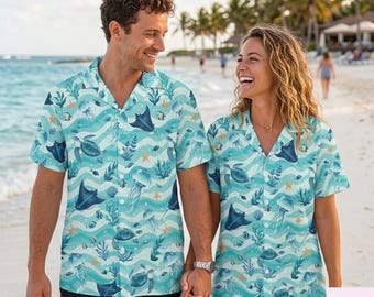 Sea Turtle Hawaiian Shirt, Turquoise Ocean Button Up, Jellyfish Coastal Aloha Shirt, Beach Vacation Wear