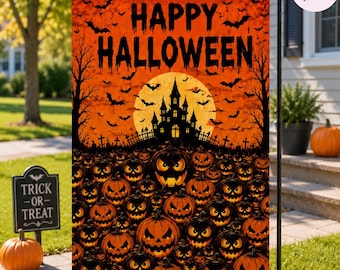 Drapeau de jardin Happy Halloween, citrouille effrayante, décoration extérieure de maison hantée, bannière de jardin d'automne Jack O Lantern, décoration de porche d'Halloween