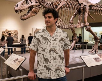 Dinosaur Skeleton Hawaii Shirt, Vintage Dino Fossil Pattern Shirt, Triceratops T Rex Pterodactyl Aloha Shirt, Prehistoric Summer Button Up