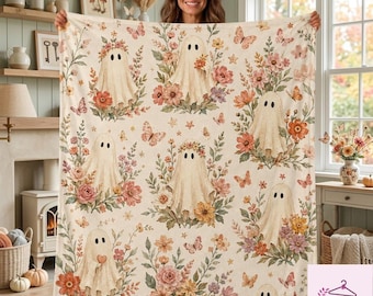 Ghost Floral Blanket, Cute Halloween Throw Blanket, Cottagecore Ghost Blanket, Pink Flower Ghost Fleece Blanket, Spooky Cozy Home Decor Gift