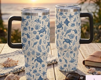 Coastal Ocean 40oz Tumbler with Handle, Blue Sea Life Travel Mug, Beach Lover Insulated Cup, Marine Gift