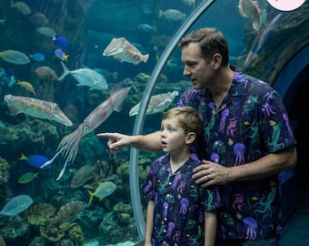 Chemise familiale assortie pour les grands fonds, baudroie bioluminescente boutonnée, tenue papa et moi méduse, vêtements de voyage dans l'aquarium