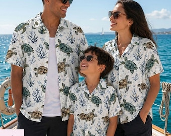 Matching Family Hawaiian Shirts, Vintage Sea Turtle Vacation Shirts, Custom Family Trip 2026 Apparel, Ocean Theme Beach Shirts, Summer Gift