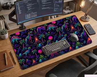 Neon Dinosaur Desk Mat, Retro T-Rex Gaming Mouse Pad, Cyberpunk Volcano Extended Desk Pad, Gamer Desk Decor