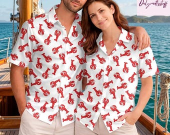 Chemise hawaïenne imprimée homard, homard rouge vintage boutonné, haut d'été vie marine, cadeau amateur de fruits de mer pour homme femme, tenues de lune de miel
