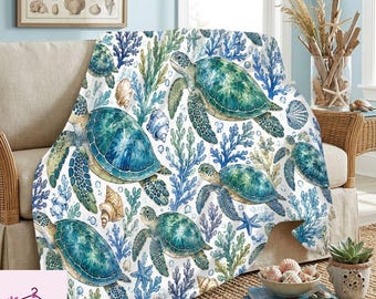 Watercolor Sea Turtle Fleece Blanket, Ocean Turtle Sherpa Blanket, Cute Turtles Throw Blanket, Beach House Decor, Coastal Nursery Blanket