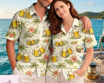 Chemise hawaïenne drôle avec bière, palmier tropical boutonné, chemises de plage assorties pour couple, haut de camp pour amoureux de l'alcool, shorts d'été pour homme