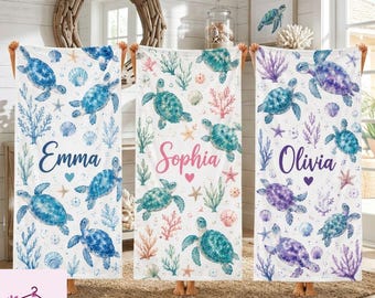 Watercolor Sea Turtle Beach Towel, Personalized Ocean Life Towel for Girls Trip, Turtle Towel, Bridesmaid Gift, Summer Towel