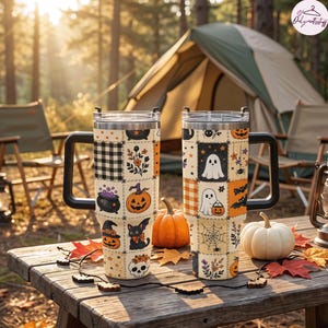 Halloween Ghost 40oz Tumbler with Handle, Spooky Black Cat Travel Mug, Pumpkin Patchwork Insulated Cup, Cute Fall Gift