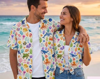 Ocean Life Hawaiian Shirt for Men, Sea Turtle Octopus Button Up, Dolphin Beach Aloha Shirt, Vacation Outfit
