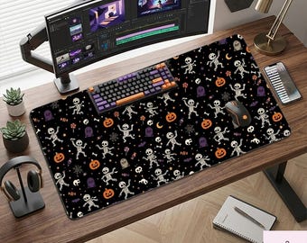 Tapis de bureau citrouille squelette effrayant | Tapis de souris mignon effrayant d'Halloween | Déco de bureau de jeu gothique