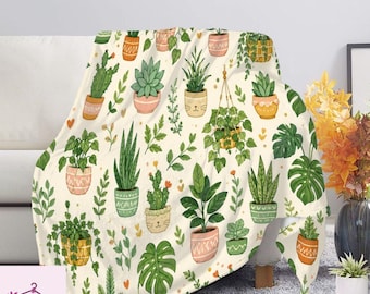 Jolie couverture en sherpa succulente, cadeau pour amateur de plantes, couverture polaire plante d'intérieur, couverture botanique Monstera, dame folle des plantes, décoration de chambre bohème