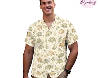 Chemise hawaïenne à imprimé tortue de style vintage, tortue de mer côtière boutonnée, chemise de vacances à la plage tropicale, chemise Aloha d'été nautique