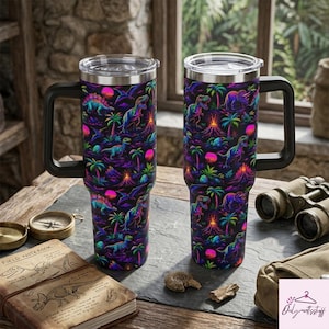Retro Neon T-Rex 40oz Tumbler, Synthwave Dinosaur Travel Mug, Insulated Gamer Cup