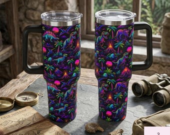 Retro Neon T-Rex 40oz Tumbler, Synthwave Dinosaur Travel Mug, Insulated Gamer Cup