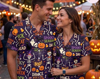 Chemise hawaïenne de Danse avec les morts, chemise boutonnée à motif citrouilles squelette drôle, tenue de fête d'Halloween, tenue de saison effrayante