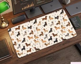 Cute Dachshund Desk Mat, Kawaii Wiener Dog Mouse Pad, Cottagecore Floral Desk Pad, Dog Mom Office Decor