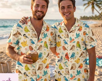 Chemise hawaïenne oiseau dessin animé mignon, bouton cardinal hibou coloré, chemise de camp imprimée oiseaux rigolos, cadeau fantaisiste pour amoureux de la nature, shorts de plage homme