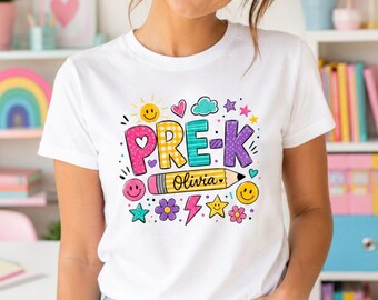 Custom Name Pre-K Shirt, Personalized Back to School T-Shirt, Retro Smiley Face Pencil Girl Tee, First Day of Preschool Olivia Name Top