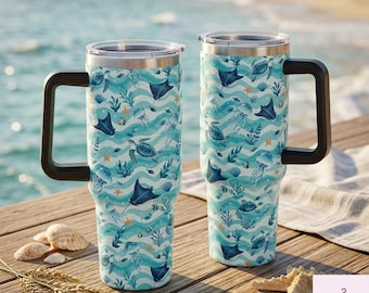 Sea Life Tumbler With Handle, Sea Turtle Jellyfish 40oz Travel Mug, Coastal Ocean Cup, Beach Lover Gift