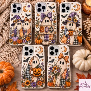 May include: Five phone cases featuring a cream background with illustrations of ghosts wearing plaid hats and bows, surrounded by sunflowers, pumpkins, bats, and crescent moons. One ghost holds a sign that says BOO, while another holds a mug.