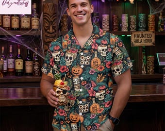 Chemise hawaïenne Summerween vintage pour hommes, chemise boutonnée effrayante Tiki tête de mort, tenue de plage gothique tropicale, équipage de cocktail citrouille, haut de fête Aloha