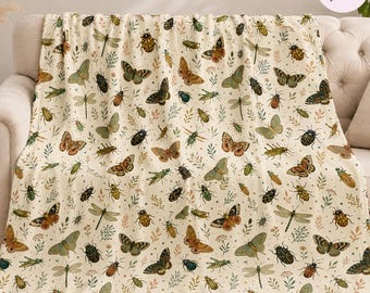 Cottagecore Insect Throw Blanket, Vintage Butterfly Moth Fleece Blanket, Botanical Nature Blanket, Woodland Decor Gift