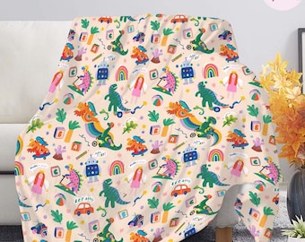 Cute Dinosaur Blanket, Kids Dino Throw, Rainbow Preschool Fleece Blanket, Baby Shower Gift